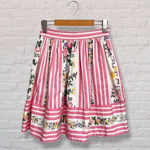 Betsey Johnson Cottagecore Floral and Pink Striped Pleated High Waisted Skirt - Picture 1 of 8